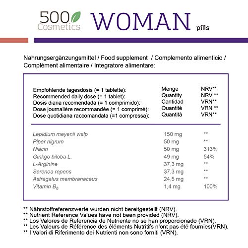500Cosmetics Woman–Tabletas Naturales Para Aliviar los Síntomas de la Menopausia, Regulación Hormonal y Aumento de la Líbido-Ingredientes Naturales-1 toma diaria-Fabricado y Registrado en la UE (1)