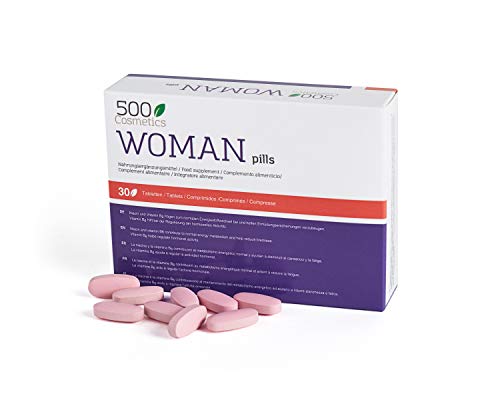500Cosmetics Woman–Tabletas Naturales Para Aliviar los Síntomas de la Menopausia, Regulación Hormonal y Aumento de la Líbido-Ingredientes Naturales-1 toma diaria-Fabricado y Registrado en la UE (1)