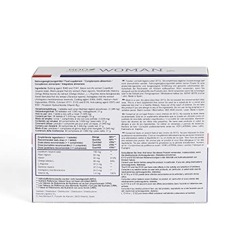 500Cosmetics Woman–Tabletas Naturales Para Aliviar los Síntomas de la Menopausia, Regulación Hormonal y Aumento de la Líbido-Ingredientes Naturales-1 toma diaria-Fabricado y Registrado en la UE (1)