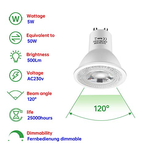 5W Gu10 Rgbw Led Colores Cambiantes Bombilla, 2700K Blanco Cálido Equivalente 50W Bombilla LED, AC 85-265V, Rgb 12 Colore, Control remoto Incluido(10 unidades)