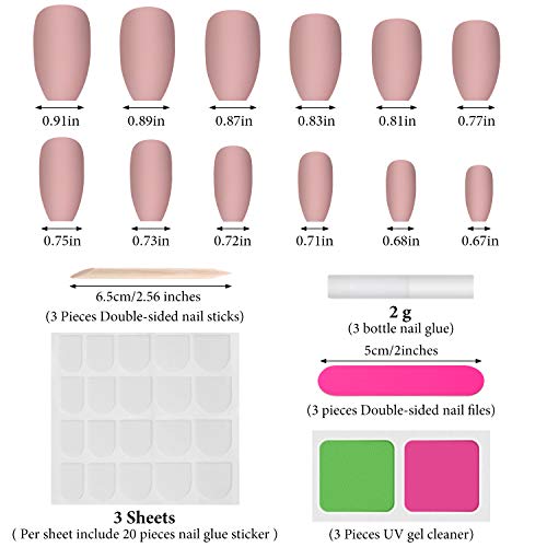 72 Piezas Uñas Postizas de Bailarina Uñas Artificiales en Ataúd Kit de Puntas de Uñas Largas Medias Mate, 3 Cajas de Uñas Falsas de Completa Cubierta con Palillo Lima para Arte de Uñas