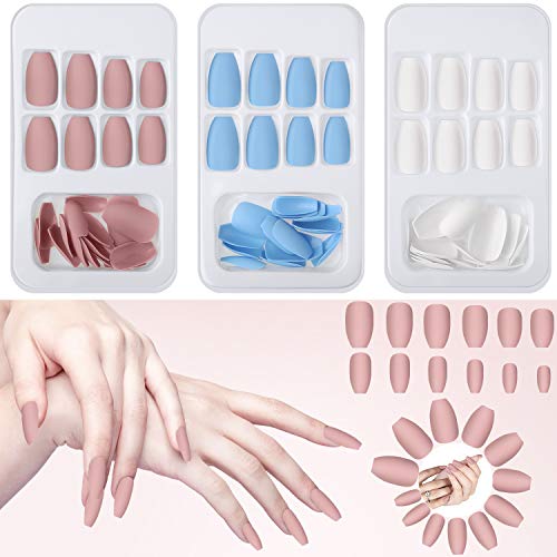 72 Piezas Uñas Postizas de Bailarina Uñas Artificiales en Ataúd Kit de Puntas de Uñas Largas Medias Mate, 3 Cajas de Uñas Falsas de Completa Cubierta con Palillo Lima para Arte de Uñas