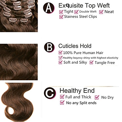 8A 7 unids extensiones onduladas clip en extensiones de cabello completo cabeza 16 clips piezas de cabello humano real 18 pulgadas 2# marrón oscuro
