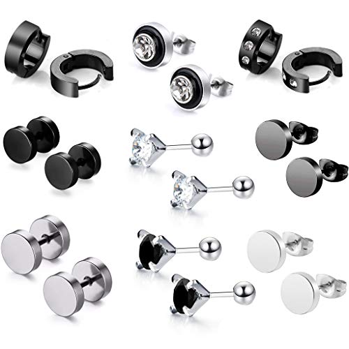 9 Pares de Pendientes de Acero Inoxidable CZ para Hombres Mujeres Pendientes de Oreja Piercing Zirconia cúbico Barbell Helix Tragus