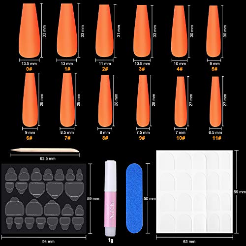 96 Piezas Uñas Mate Cónicas Extra Largas Uñas Postizas de Ataúd con 12 Tamaños de Uñas Falsas Esmeriladas Largas de Cubierta Completa Puntas de Uñas Falsas para Mujeres y Niñas (Naranja)