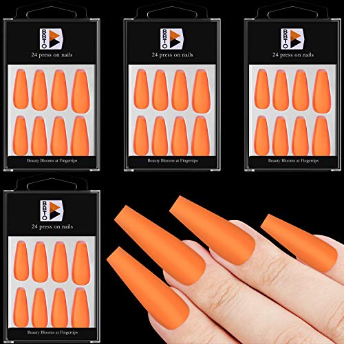 96 Piezas Uñas Mate Cónicas Extra Largas Uñas Postizas de Ataúd con 12 Tamaños de Uñas Falsas Esmeriladas Largas de Cubierta Completa Puntas de Uñas Falsas para Mujeres y Niñas (Naranja)