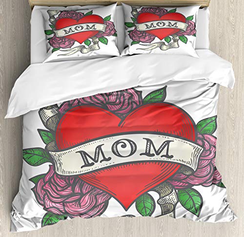 ABAKUHAUS Alte Schule Funda Nórdica, Corazón con Rosas y mamá, Estampado Lavable, 3 Piezas con 2 Fundas de Almohada, 230 cm x 220 cm, Multicolor