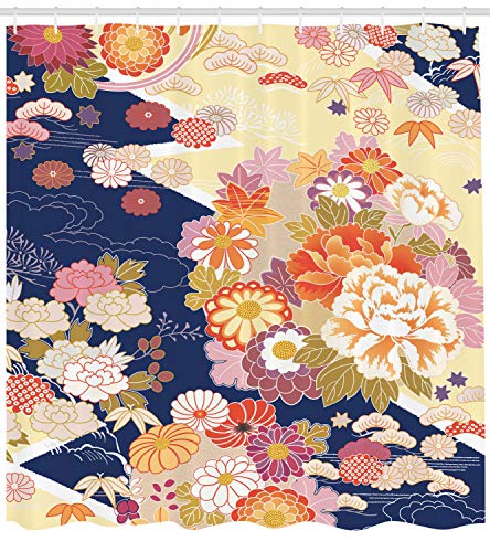 ABAKUHAUS japonés Cortina de Baño, Tradicional Flores, Material Resistente al Agua Durable Estampa Digital, 175 x 200 cm, Multicolor
