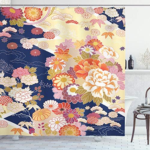 ABAKUHAUS japonés Cortina de Baño, Tradicional Flores, Material Resistente al Agua Durable Estampa Digital, 175 x 200 cm, Multicolor