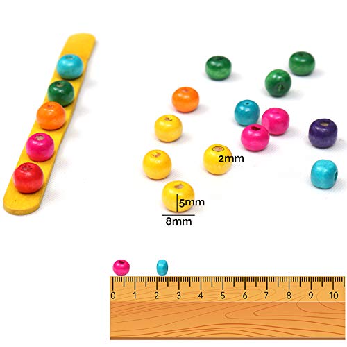 Abalorios de Madera 1000 Piezas de Colores - Cuentas de Madera 8mm Variadas con Cuerda Elástica para Hacer Joyas - Abalorios Redondos para Manualidades, Brazaletes, Collares, Llaveros Madera Natural