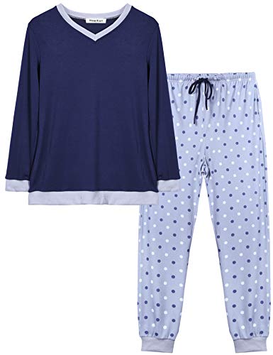 Abollria Pijama Mujer Algodón 2 Piezas Set V-Cuello Conjunto de Pijamas de Manga Larga Jogging Estilo Ropa de Dormir Azul Marino,L