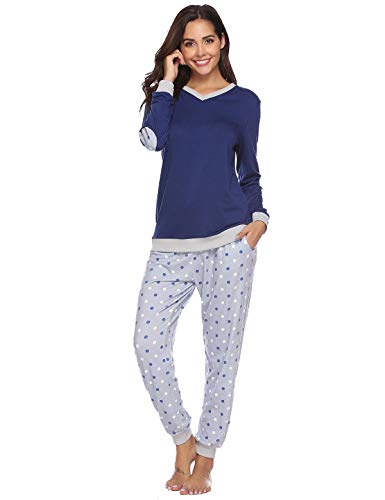 Abollria Pijama Mujer Algodón 2 Piezas Set V-Cuello Conjunto de Pijamas de Manga Larga Jogging Estilo Ropa de Dormir Azul Marino,L