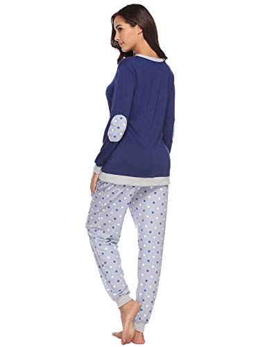 Abollria Pijama Mujer Algodón 2 Piezas Set V-Cuello Conjunto de Pijamas de Manga Larga Jogging Estilo Ropa de Dormir Azul Marino,L