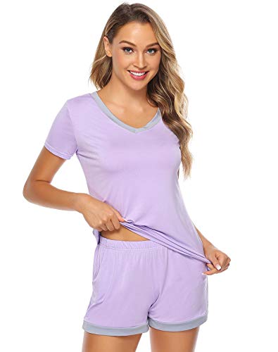 Abollria Pijamas Mujer Verano Corto del Pijamas Pantalones Manga Corto 2 Piezas de Ropa de Dormir Algodón Suave Loungewear (XXL, Violeta Claro)