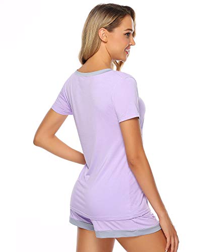 Abollria Pijamas Mujer Verano Corto del Pijamas Pantalones Manga Corto 2 Piezas de Ropa de Dormir Algodón Suave Loungewear (XXL, Violeta Claro)