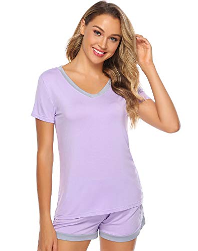 Abollria Pijamas Mujer Verano Corto del Pijamas Pantalones Manga Corto 2 Piezas de Ropa de Dormir Algodón Suave Loungewear (XXL, Violeta Claro)