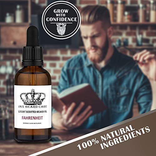 Aceite de barba inspirado para el acondicionamiento y el crecimiento de la barba con almendras dulces, argán, semillas de uva, jojoba, cáñamo, aceite de ricino, vitamina E - UK (50 ml) (Fahrenheit)