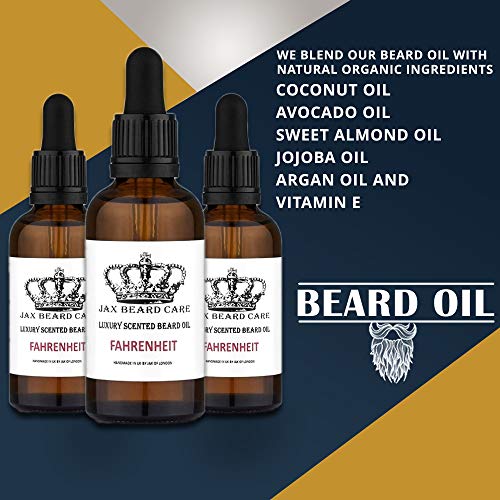 Aceite de barba inspirado para el acondicionamiento y el crecimiento de la barba con almendras dulces, argán, semillas de uva, jojoba, cáñamo, aceite de ricino, vitamina E - UK (50 ml) (Fahrenheit)