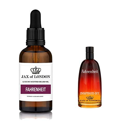 Aceite de barba inspirado para el acondicionamiento y el crecimiento de la barba con almendras dulces, argán, semillas de uva, jojoba, cáñamo, aceite de ricino, vitamina E - UK (50 ml) (Fahrenheit)