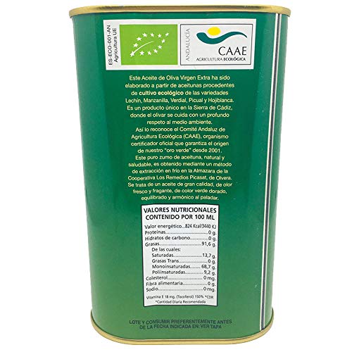 Aceite de Oliva Virgen Extra Ecologico - Oro Natura - Lata 2,5 L- Elaborado en Cadiz - Los Remedios Picasat (Pack de 2 latas)