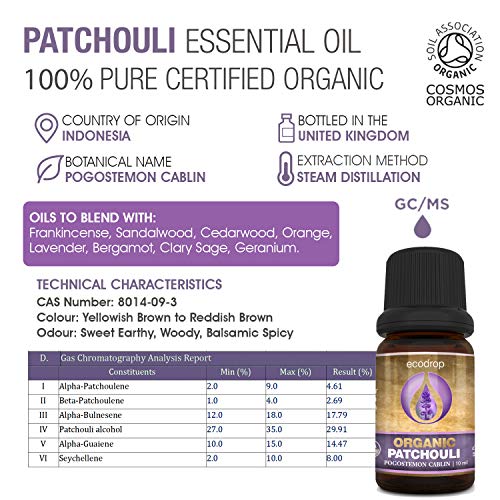 Aceite esencial de pachulí, con certificado ecológico, 100% puro, grado terapéutico para aromaterapia, masajes, con libro electrónico de regalo, 10 ml (Pogostemon cablin)