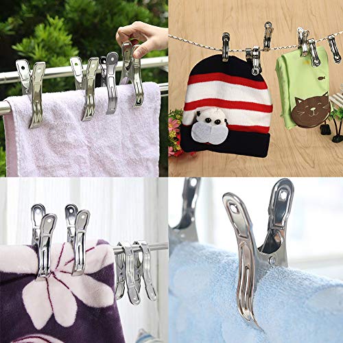 Acero Inoxidable Pinzas de Ropa, BETOY 12 Piezas Playa Toalla Clips Resistentes al Viento Grandes Toalla de Playa Clips para la Ropa Pesada y el Lavarse, Plata