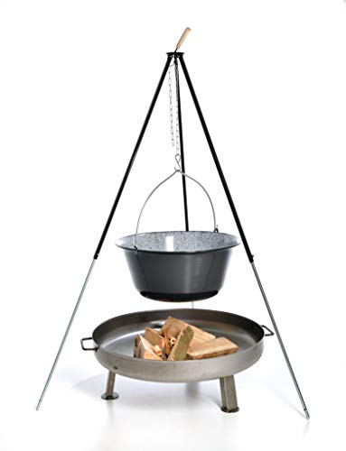 acerto 31799 Hervidor de goulash húngaro (50 litros) + marco de trípode (180cm) + cuenco de fuego (80cm) + haya de leña | trípode telescópico con olla de goulash olla de sopa olla de vino caliente
