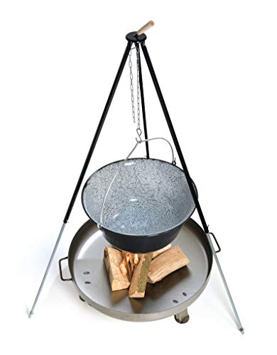 acerto 31799 Hervidor de goulash húngaro (50 litros) + marco de trípode (180cm) + cuenco de fuego (80cm) + haya de leña | trípode telescópico con olla de goulash olla de sopa olla de vino caliente