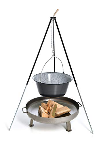 acerto 31799 Hervidor de goulash húngaro (50 litros) + marco de trípode (180cm) + cuenco de fuego (80cm) + haya de leña | trípode telescópico con olla de goulash olla de sopa olla de vino caliente