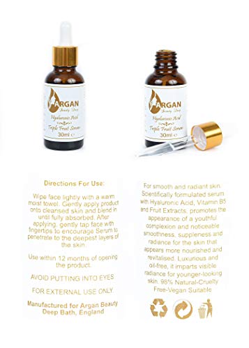 Ácido hialurónico triple fruta sérum, libre de crueldad. Bueno para antienvejecimiento, antiarrugas, líneas finas, pieles sensibles. Dejarás tu piel hidratada, brillante y con una sensación suave.