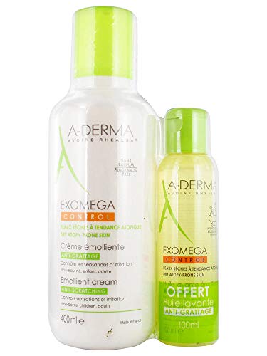 Aderma - Crema emoliente antiarañazos Exomega Control 400 ml + aceite de limpieza emoliente Exomega Control antiarañazos 100 ml