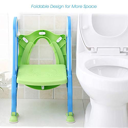 ADOVEL Reductor WC niños Aseo Asiento con Escalera, Orinales para niños Asiento para inodoro de bebe Orinal infantil Formación, Antideslizante, Plegable, Altura Ajustable para 1-7 niños - Verde