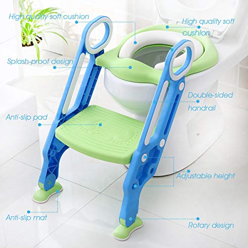 ADOVEL Reductor WC niños Aseo Asiento con Escalera, Orinales para niños Asiento para inodoro de bebe Orinal infantil Formación, Antideslizante, Plegable, Altura Ajustable para 1-7 niños - Verde