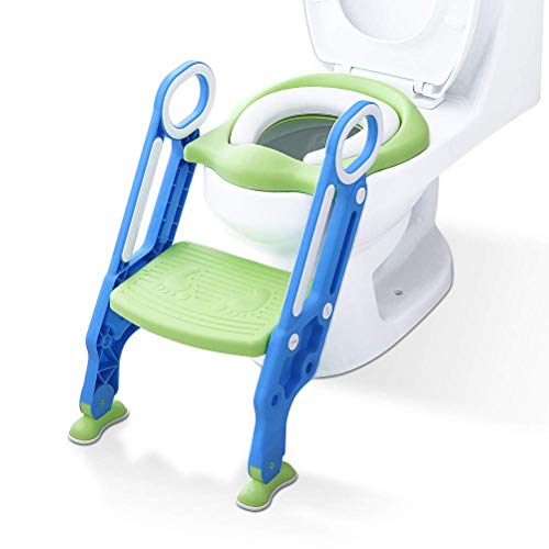 ADOVEL Reductor WC niños Aseo Asiento con Escalera, Orinales para niños Asiento para inodoro de bebe Orinal infantil Formación, Antideslizante, Plegable, Altura Ajustable para 1-7 niños - Verde