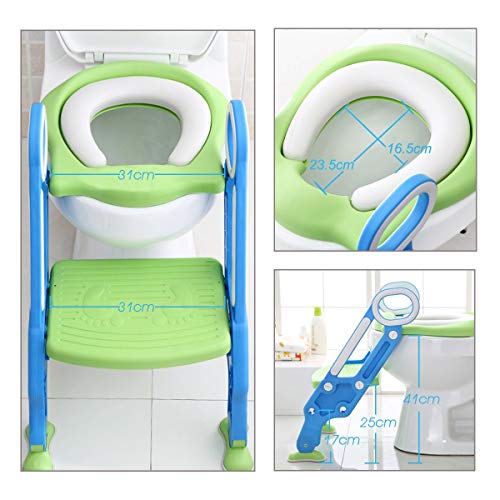 ADOVEL Reductor WC niños Aseo Asiento con Escalera, Orinales para niños Asiento para inodoro de bebe Orinal infantil Formación, Antideslizante, Plegable, Altura Ajustable para 1-7 niños - Verde