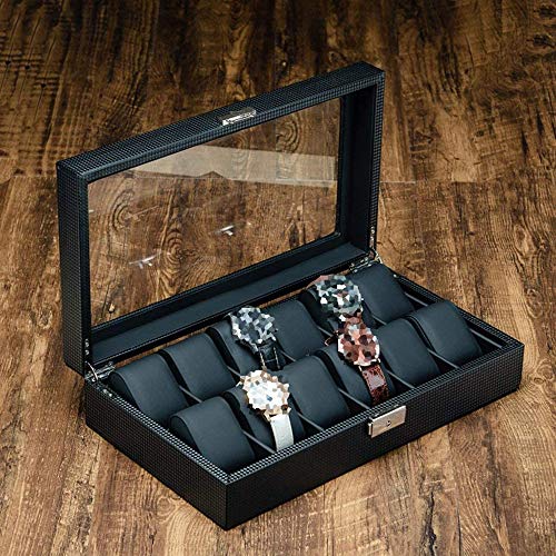 ADSE Caja de Almacenamiento de Relojes para Hombres/Mujeres Caja de Almacenamiento de 10 Joyas de Cuero sintético con Cerradura de Cubierta de Vidrio