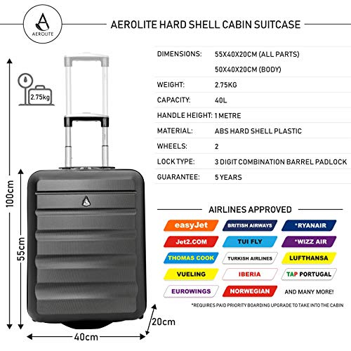Aerolite 55x40x20 Tamaño Máximo de Ryanair y Vueling ABS Trolley Maleta Equipaje de Mano Cabina Ligera con 2 Ruedas, Gris Oscuro