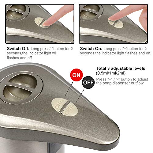 AHUIFT Dispensador Automático de Jabón con Acero Inoxidable, Sensor de Movimiento por Infrarrojos, Base Impermeable, Interruptor Ajustable, Baño Apropiado, Cocinas, Hotel, Restaurante