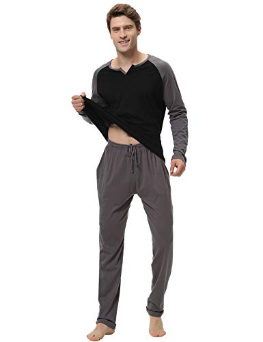 Aibrou 100% Algodón Pijamas Hombre Invierno Mangas Largas Pantalones Largo, Simple y Cómodo