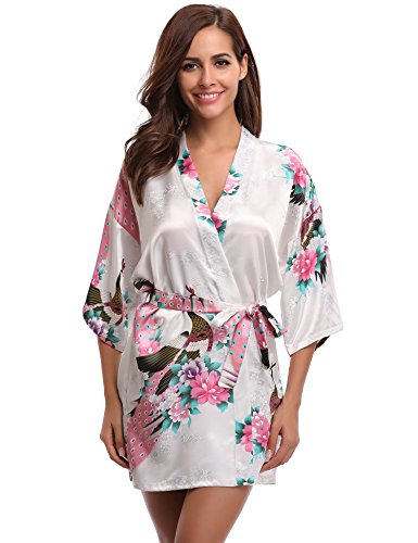 Aibrou Kimono Mujer Novia Bata Corto Sexy y Elegante con Pavo & Flores Pijamas Albornozes Camison Mujer Suave,Cómodo,Sedoso y Agradable