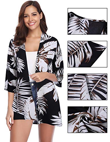 Aibrou Women's Floral Kimono Cardigans，3/4 Sleeve Tops Loose Floral Blouse Casual Boho Style Capes(Blanco Negro XXL)