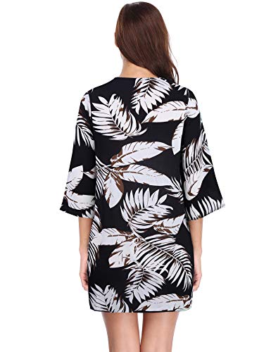 Aibrou Women's Floral Kimono Cardigans，3/4 Sleeve Tops Loose Floral Blouse Casual Boho Style Capes(Blanco Negro XXL)