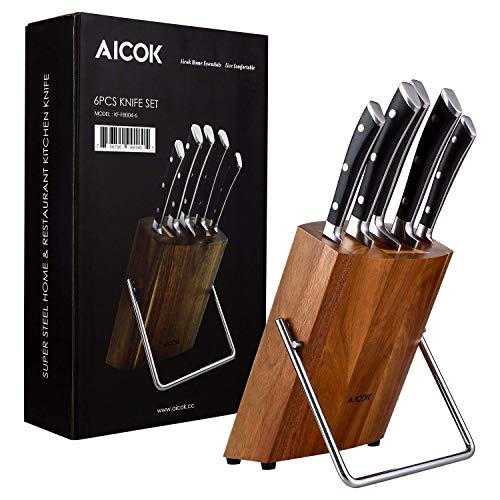 AICOK Juego de bloques de Cuchillo cocinero profesional | 6 piezas | Extra fuerte | acero inoxidable | mangos ergonómicos | Acero inoxidable de alto carbono