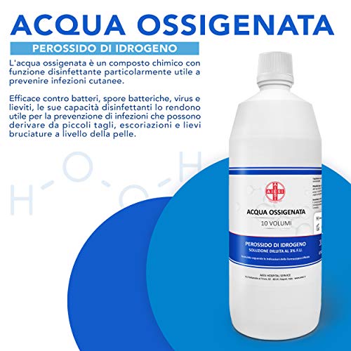 AIESI® Agua Oxigenada desinfectante Ph. Eur. 3% 10 volúmenes con tapa de seguridad para niños botella de 1 litro # Made in Italy