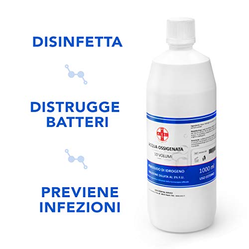 AIESI® Agua Oxigenada desinfectante Ph. Eur. 3% 10 volúmenes con tapa de seguridad para niños botella de 1 litro # Made in Italy