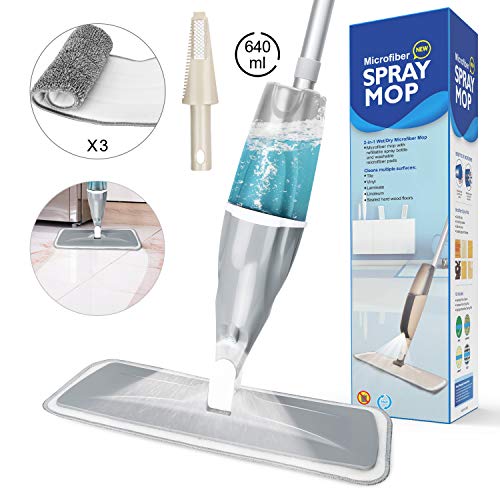 Aiglam Spray Mop, Mopa con pulverizador Limpiador de Ventanas y Escoba Barredora de Empuje Manual con Almohadilla de Microfibra Reutilizable para Suelos laminados, alicatados y de madera, Gris