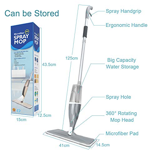 Aiglam Spray Mop, Mopa con pulverizador Limpiador de Ventanas y Escoba Barredora de Empuje Manual con Almohadilla de Microfibra Reutilizable para Suelos laminados, alicatados y de madera, Gris