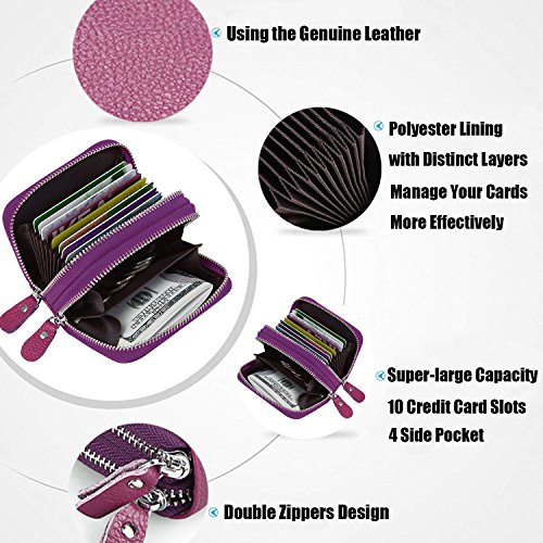 Ailzos Credit Card Wallet,RFID Blocking Leather Credit Card Holder and Double Zipper Credit Card Wallet for Women and Men,Purple