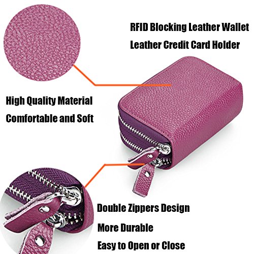 Ailzos Credit Card Wallet,RFID Blocking Leather Credit Card Holder and Double Zipper Credit Card Wallet for Women and Men,Purple