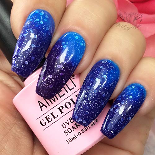 AIMEILI Esmalte Semipermanente De Uñas Temperatura Cambio De Color Camaleón Soak Off UV LED Uñas De Gel - Glitter Purple to Glitter Blue Full Shimmer/Diamond (TC06) 10ml